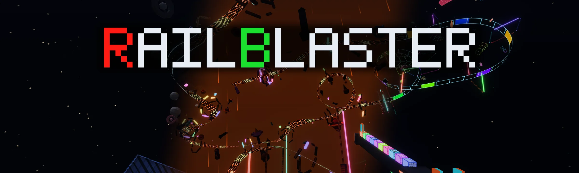 RailBlaster logo over the space, lava and wireframe worlds blending on the diagonal, with loops of track overhead